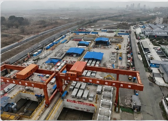 Aerial view of the shield launch shaft and segment yard, Wenyi West Road Extension Phase II